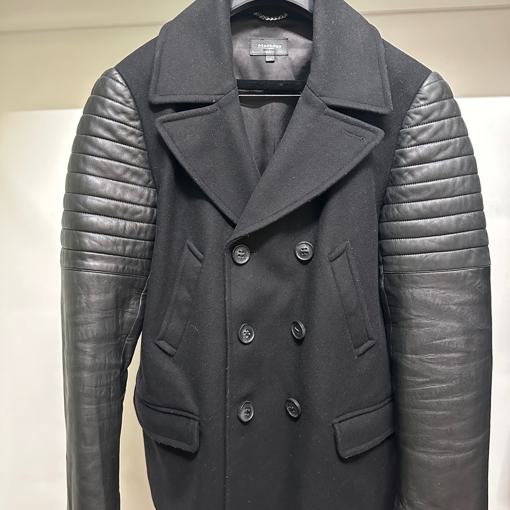 Men's Black Double-Breasted Coat with Leather Sleeves